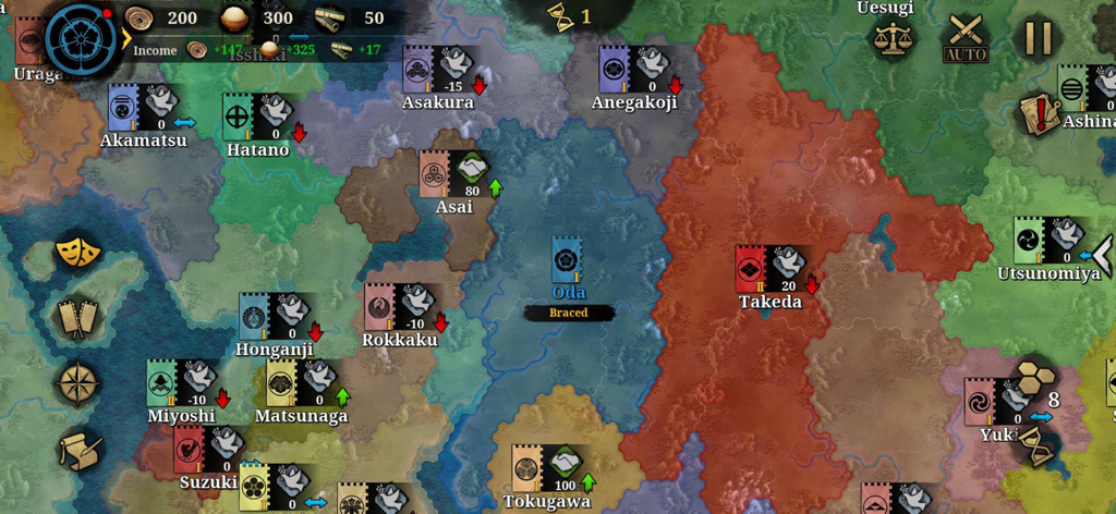Great Conqueror 2: Shogun - A strategic map showing various Japanese clans and diplomatic relations in Great Conqueror 2 Shogun