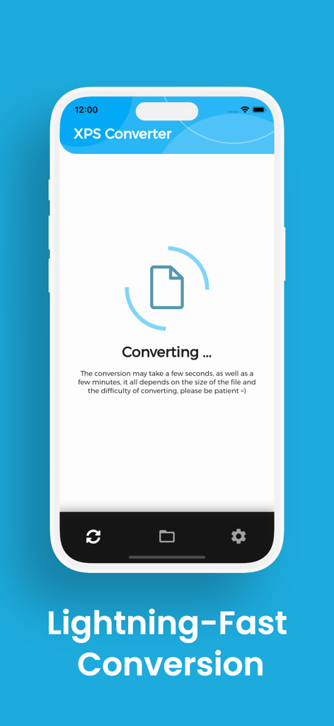 XPS Converter, XPS to PDF - XPSコンバーターアプリのインターフェース。iPhoneでの超高速ドキュメント変換プロセスが表示されています。