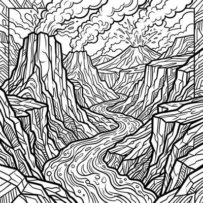 Explore a stunning Pop Art interpretation of volcanic canyons, featuring dramatic rock formations, a winding river, and erupting volcanoes. This unique coloring page invites you to add vibrant hues to a powerful and dynamic natural landscape.