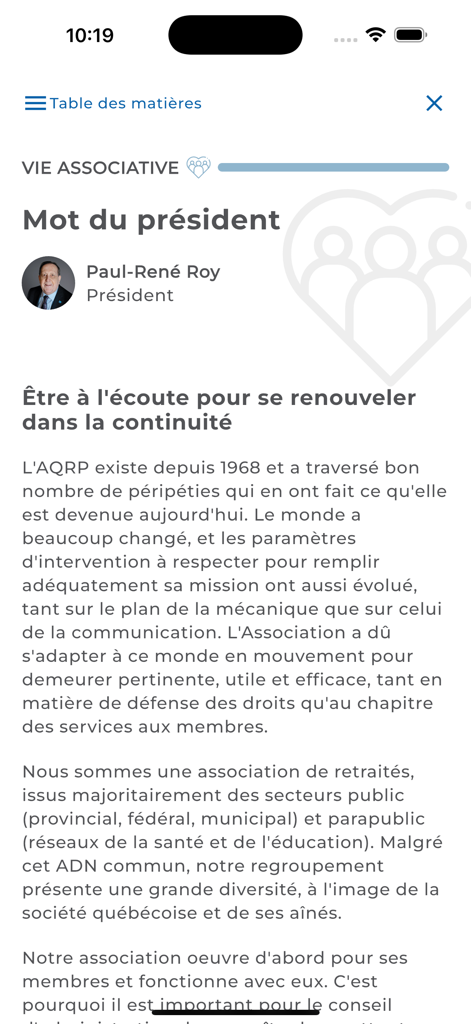 Captura de tela do aplicativo AQRP exibindo uma mensagem do presidente da associação