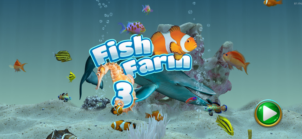 Fish Farm 3 - Aquarium - Fish Farm 3 title screen with colorful 3D tropical fish and a whale underwater