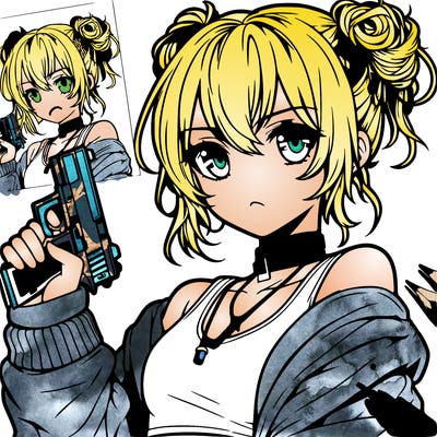 teenage anime girl baddie in a messy bun holding a gun