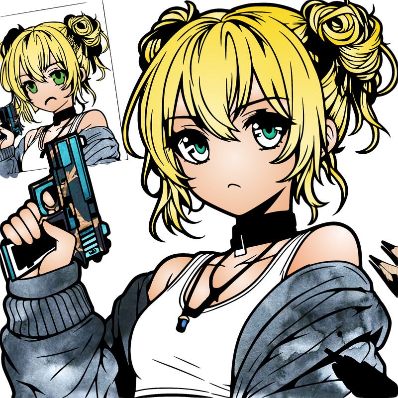 teenage anime girl baddie in a messy bun holding a gun