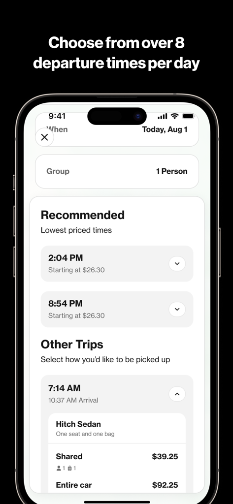 Hitch - City-to-City Rideshare - Smartphone screen showing the Hitch app interface for choosing departure times and city-to-city rideshare pricing