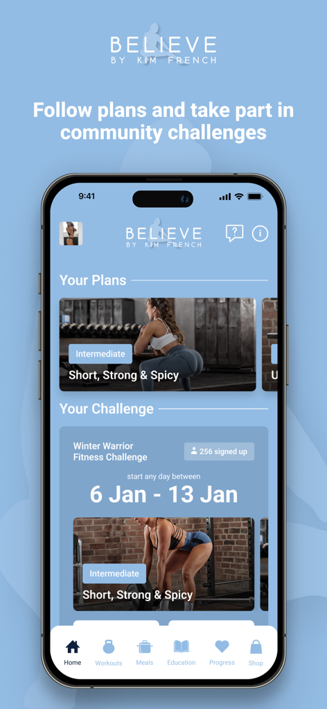Interfaz de la aplicación Believe by Kim French que muestra planes de fitness y un desafío comunitario