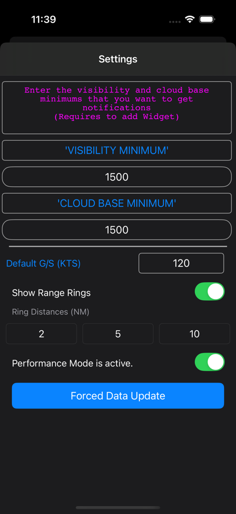 Link-H - Link-H app settings screen showing flight parameters such as visibility minimums and cloud base notifications