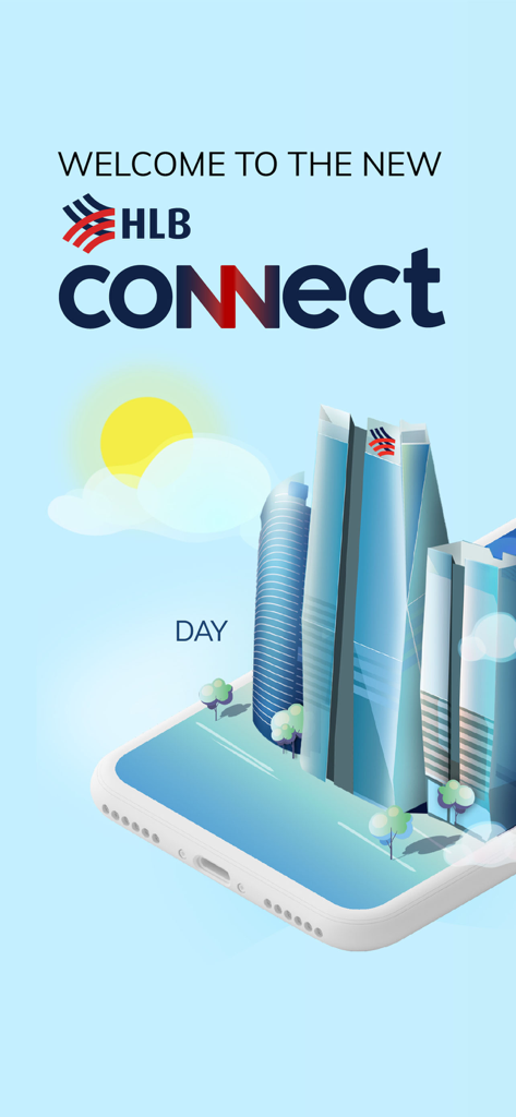 Hong Leong Connect Cambodia - Pantalla de inicio de la aplicación Hong Leong Connect Cambodia que muestra la interfaz en modo diurno con ilustraciones 3D.