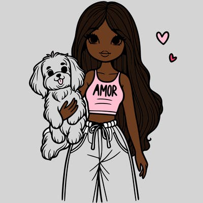 beautiful girl holding a dog with straight hair in a crop top that says amor with baggy pants