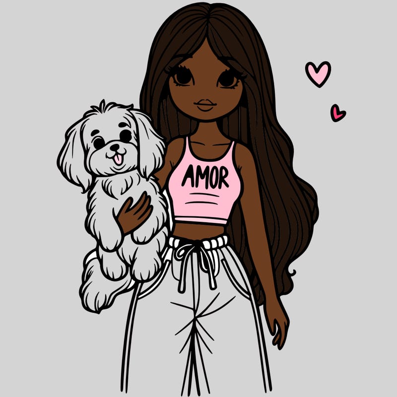 beautiful girl holding a dog with straight hair in a crop top that says amor with baggy pants