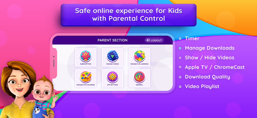 Parental control interface of ChuChu TV Nursery Rhymes Pro app featuring safety settings and content management for parents