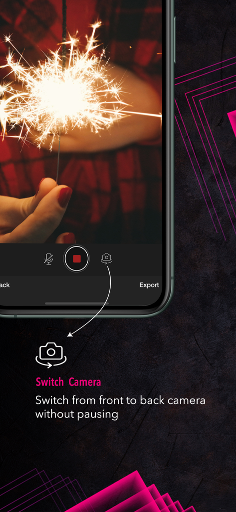 Oberfläche der Nonstop Cam App zeigt einen Benutzer, der einen Wunderkerze aufnimmt, und die Funktion zum Wechseln der Kamera