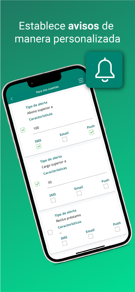 Tela do aplicativo móvel Eurocaja Rural mostrando configurações de notificação personalizadas para transações como depósitos e cobranças.
