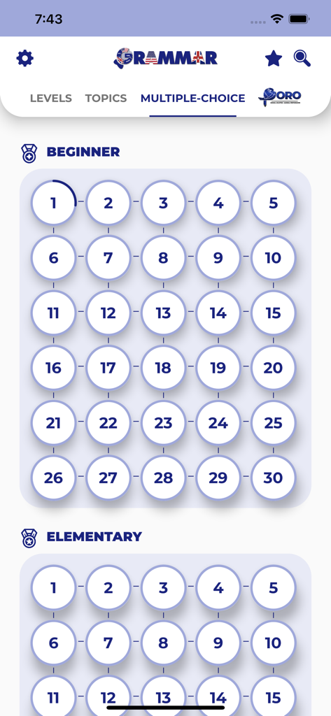 PORO - English Grammar - Screenshot showing multiple choice English grammar tests for beginner and elementary levels
