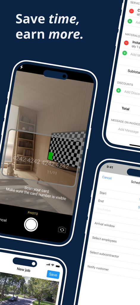 Housecall Pro: Field Service - Housecall Pro app interface showing payment scanning and scheduling tools