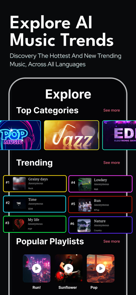 The explore screen of the AI Songs app showing top music categories and trending tracks across various genres