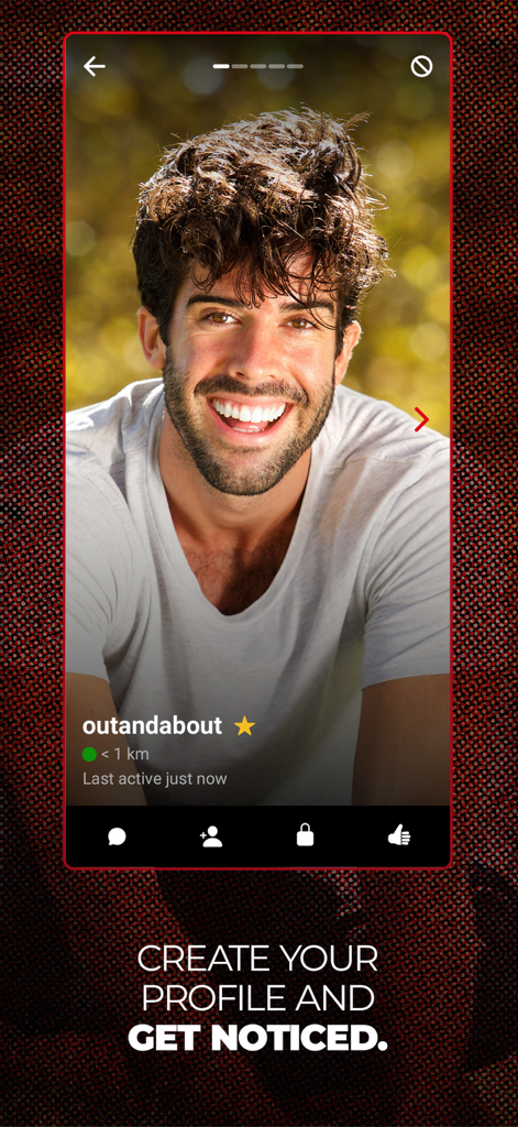 SQ Dating: Gay Chat & Meet - Male user profile on SQ Dating app with text saying Create your profile and get noticed