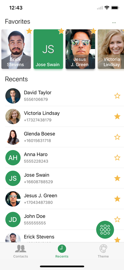T9 Dialer PRO - T9 Dialer PRO app interface displaying favorite contacts and recent call history