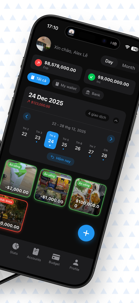CapMoney mobile app interface showing a daily log of expenses and income with photo attachments for each transaction.