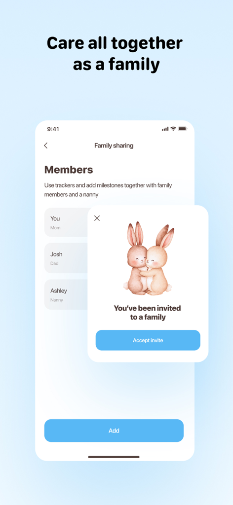 Baby Milestone Tracker Sprouty - モバイルアプリの画面に、ママ、パパ、ナニーを含むメンバーリストと招待ポップアップが表示されているファミリー共有機能が表示されている様子