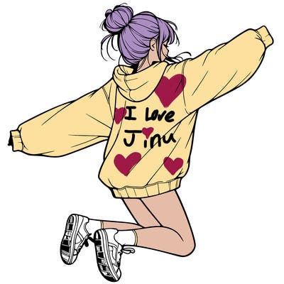 realistic girl jumping with a bun and oversized sweatshirt