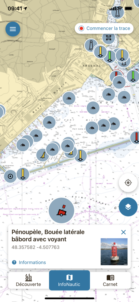 Nav&Co - Nav and Co app interface displaying a maritime navigation map with a port lateral buoy information card