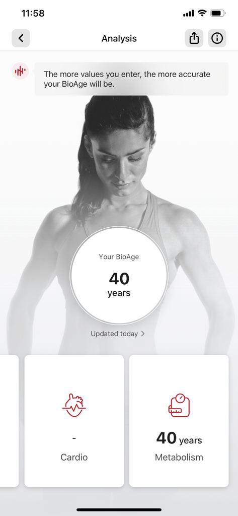 Tela de análise do aplicativo World Gym mostrando uma BioAge de 40 anos