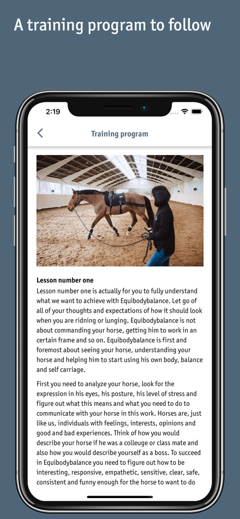 Equibodybalance - A training program in the Equibodybalance app showing a horse and trainer during a ground work lesson