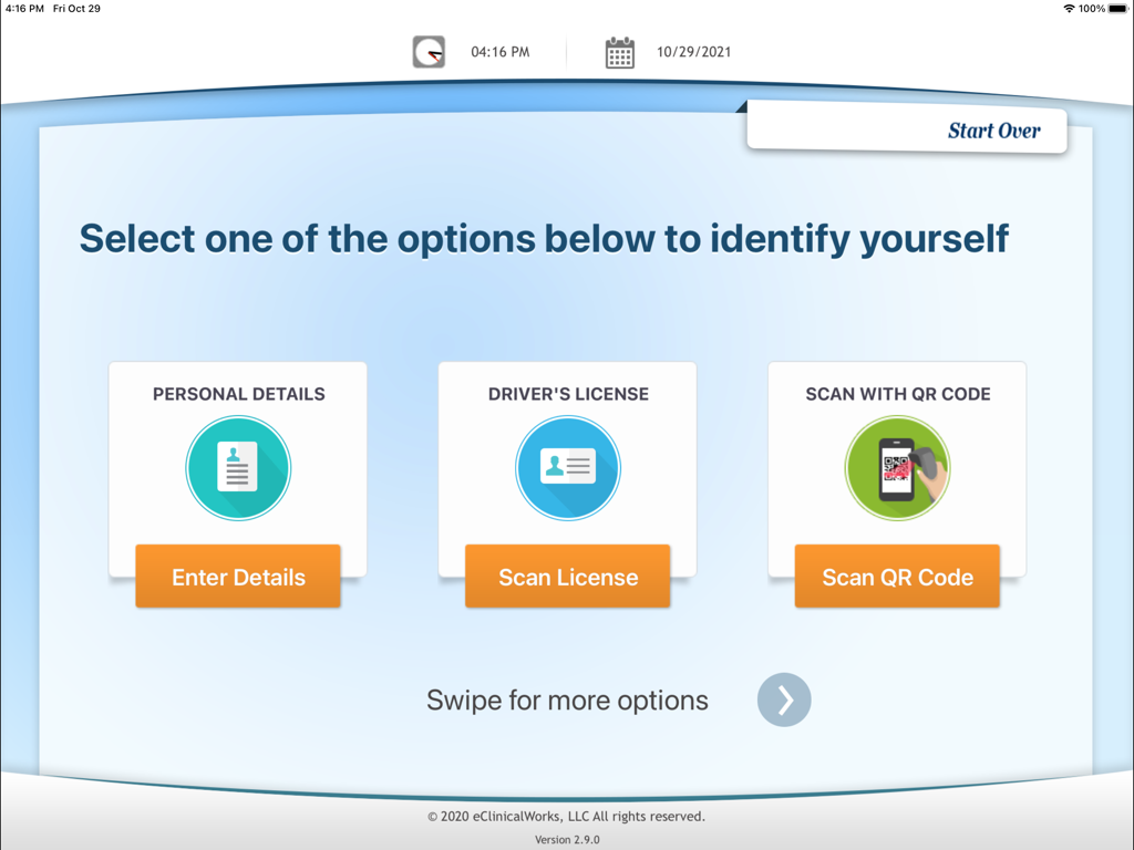 eClinicalWorks Kiosk - eClinicalWorks Kiosk patient check in screen with options for personal details driver license and QR code