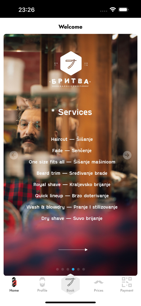 Britva - Écran d'accueil de l'application Britva barber shop montrant le menu des services de toilettage comme la coupe de cheveux et la taille de la barbe