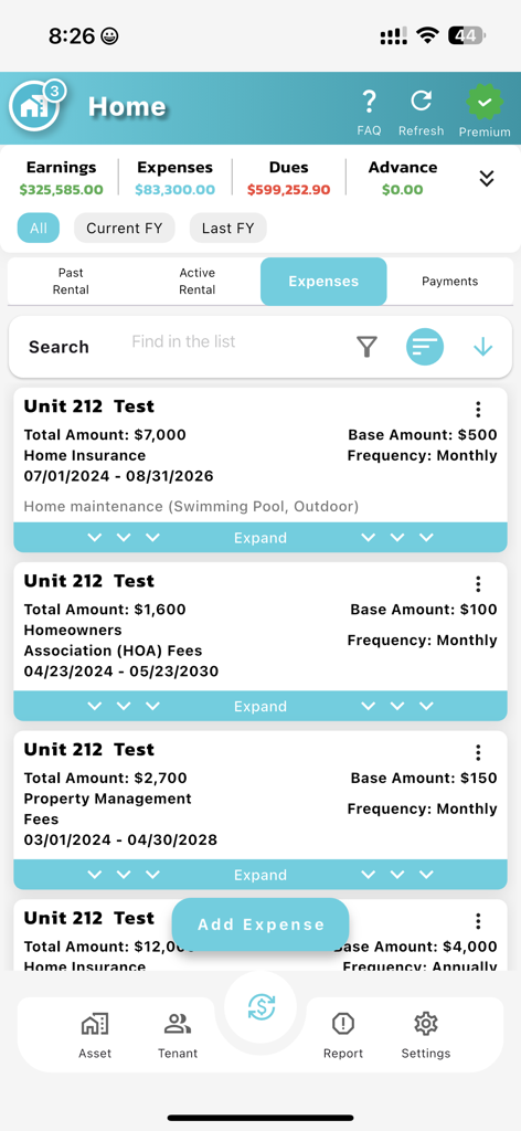 Painel do aplicativo móvel mostrando o acompanhamento de despesas de propriedades de aluguel, incluindo seguro e taxas de condomínio