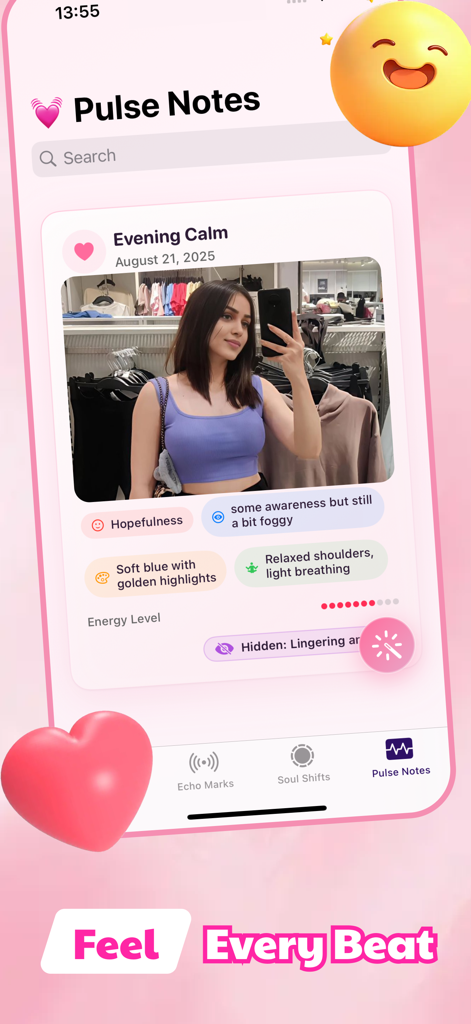 Camchat Echo - Interfaccia dell'app Camchat Echo che mostra una voce di diario pulse notes con foto e tag di stato emotivo