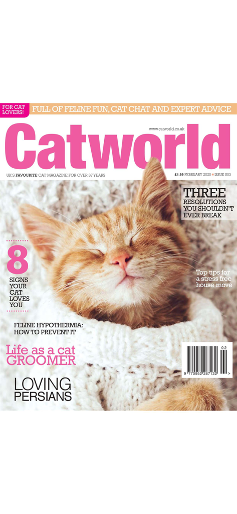 Catworld Magazine - Portada de la revista Catworld con un gato jengibre durmiendo envuelto en un suéter de punto blanco con artículos sobre aseo y salud de gatos