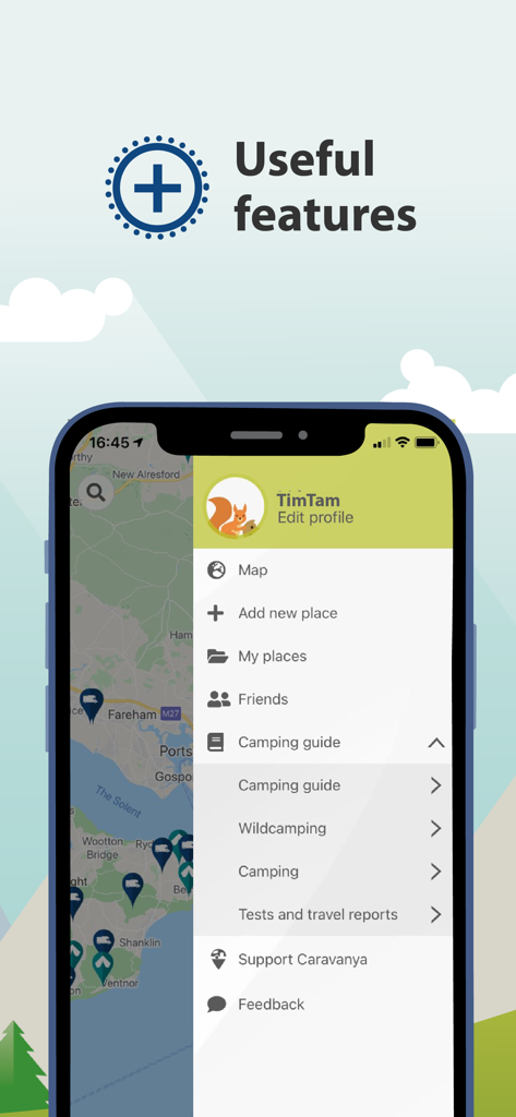 Caravanya - Caravanya app smartphone screen showing the navigation menu with camping guides and map features