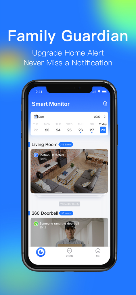 ホームセキュリティアラートとドアベル通知が表示された360スマートカメラアプリのインターフェイスを表示しているスマートフォン。