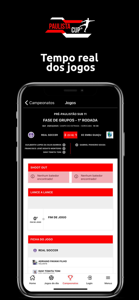 Paulista Cup - Paulista Cup-App zeigt Live-Spielstatistiken und Echtzeit-Fußballergebnisse auf einem Smartphone-Bildschirm.