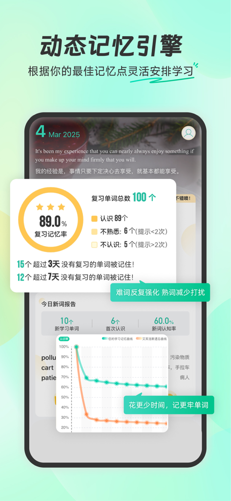 扇贝单词英语版-坚持学习未来可期 - Interface of the Shanbay Vocab app showing word retention statistics and a learning curve graph