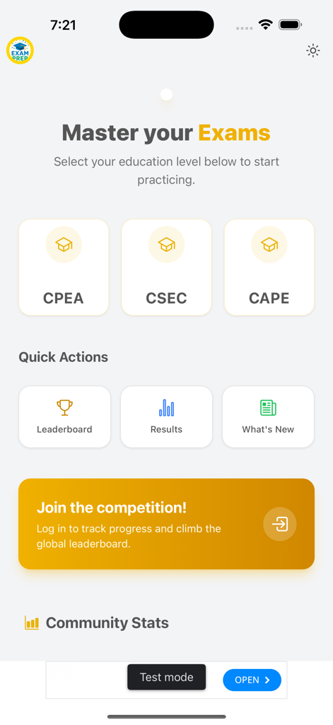Exam Prep for CSEC, CAPE, CPEA - Pantalla de inicio de la aplicación Exam Prep mostrando botones de selección para los exámenes CPEA CSEC y CAPE