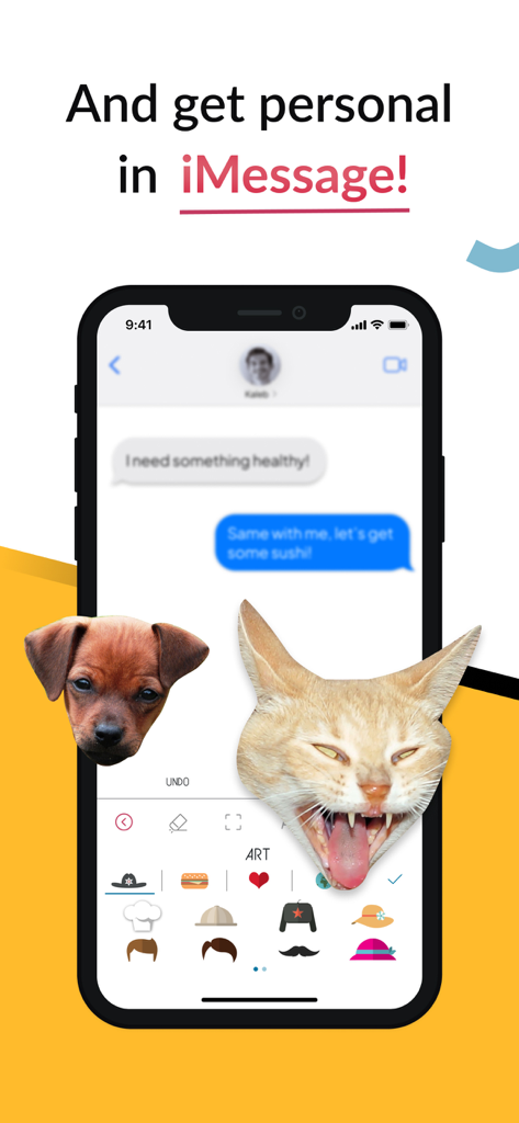 Benutzerdefinierte Sticker von einem Welpen und einer Katze in einem iMessage-Chat.