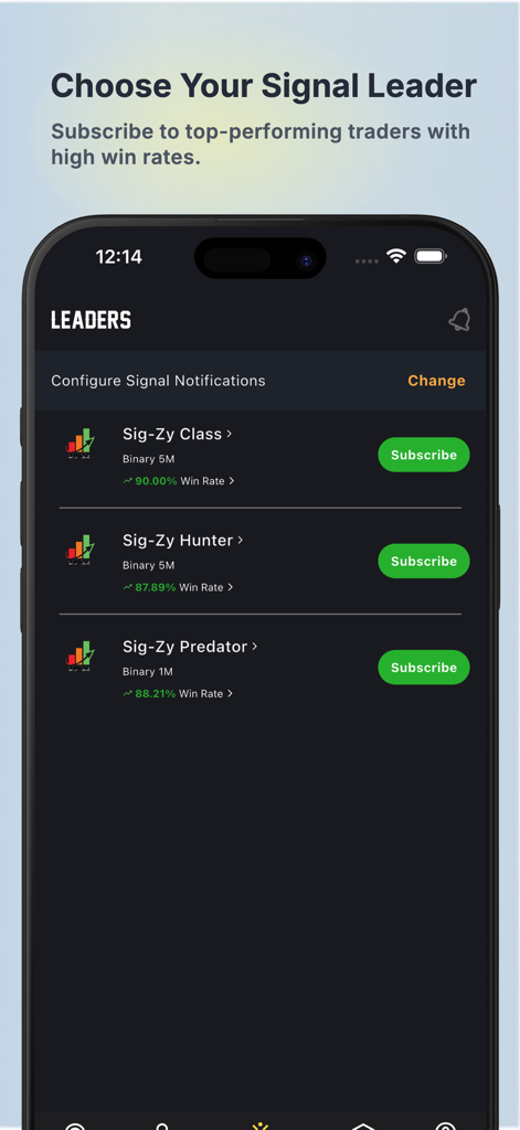 A mobile screen showing a list of professional trading signal leaders with high win rates available for subscription.