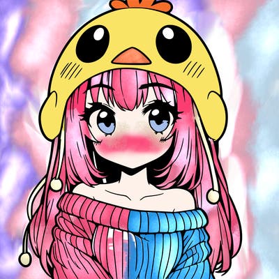 anime girl with chick shaped hat with sweater with bare shoulders with bangs covering them one eye with low tail