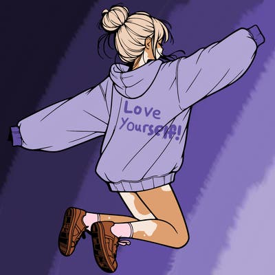 realistic girl jumping with a bun and oversized sweatshirt