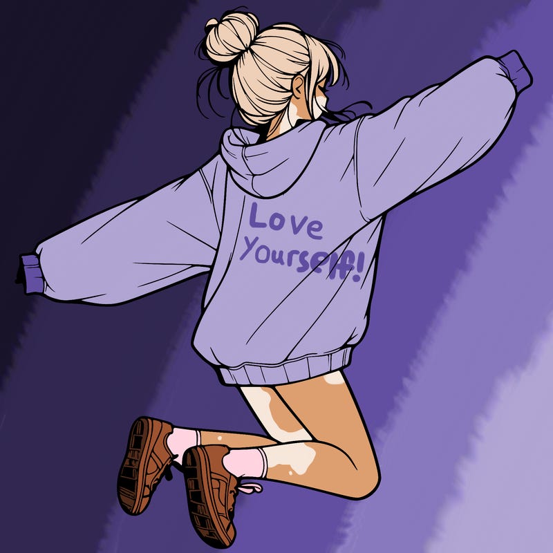 realistic girl jumping with a bun and oversized sweatshirt