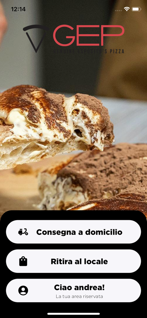 Gep - Gep Genuine Espositos Pizza app home screen showing options for delivery and takeaway