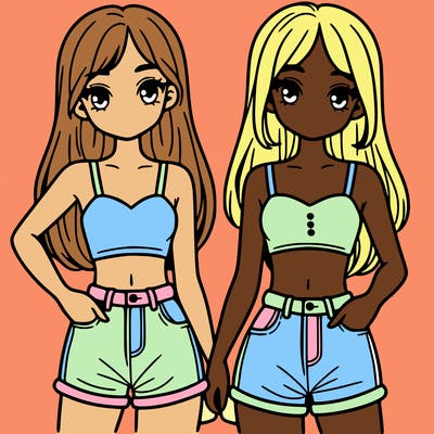 two sisters with crop tops and jean shorts and straight hair