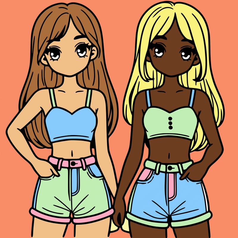 two sisters with crop tops and jean shorts and straight hair