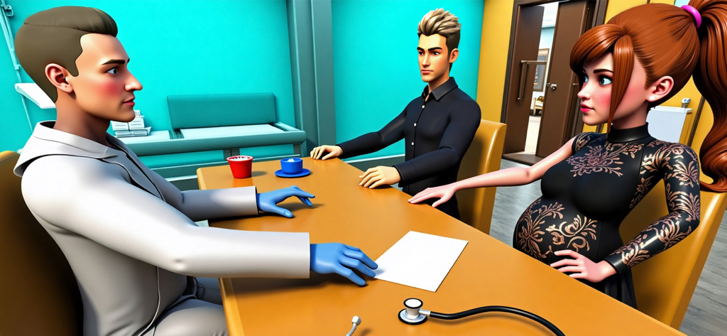 Pregnant Mom Pregnancy Game - Uma mulher grávida e seu marido consultando um médico em uma clínica durante uma simulação 3D.