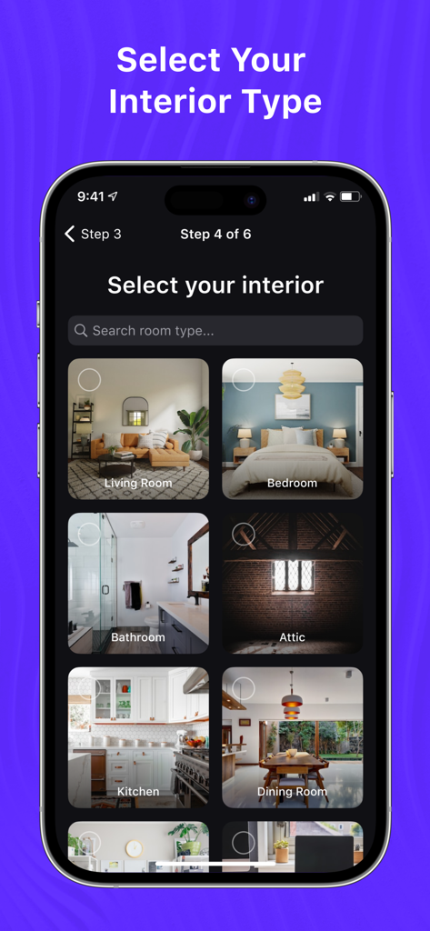 Interfaccia dell'app DesignSense AI che mostra un menu per selezionare tipi di interni come soggiorno, camera da letto e cucina