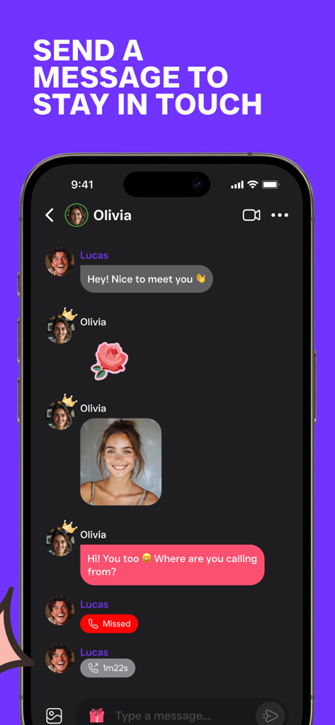 HIYAK - Video Chat & Live Call - Interface de mensagens do aplicativo HIYAK mostrando uma conversa de chat entre dois usuários com adesivos de texto e fotos