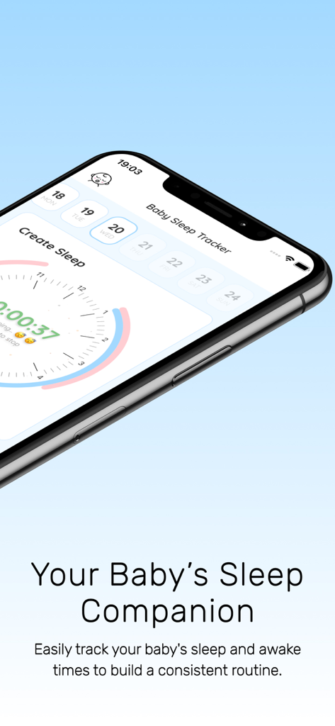 Baby Sleep Tracker: Routine - Smartphone screen showing the Baby Sleep Tracker app interface with a sleep timer and daily schedule for infants.