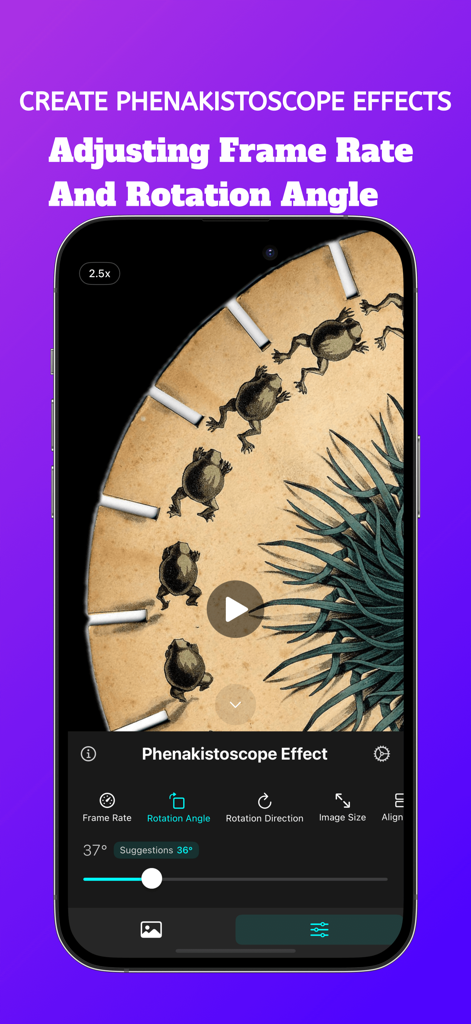 Rotation - Visual Effect - Pantalla de smartphone que muestra la interfaz de la aplicación Rotation con una animación de rana vintage y ajustes de ángulo de rotación.